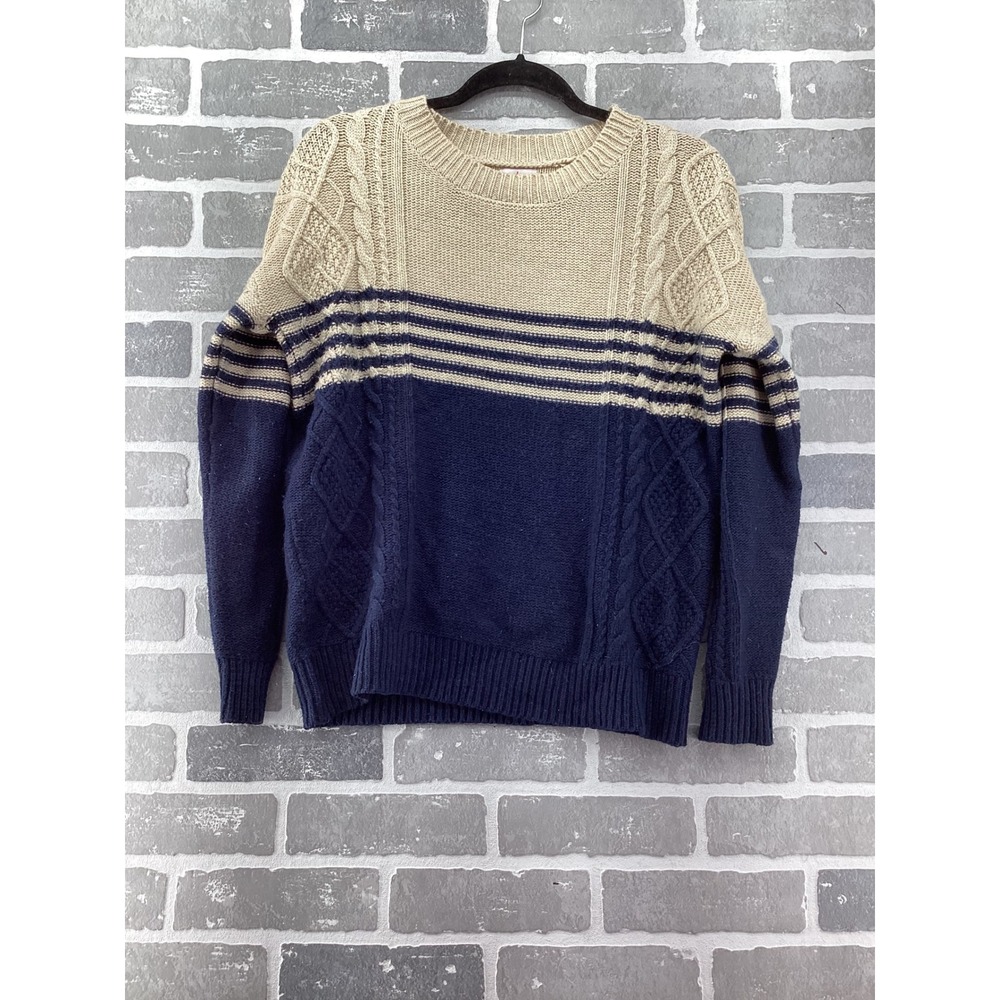 Pixley Womens Cable Knit Colorblock Sweater Navy Cream Striped Crewneck Size M